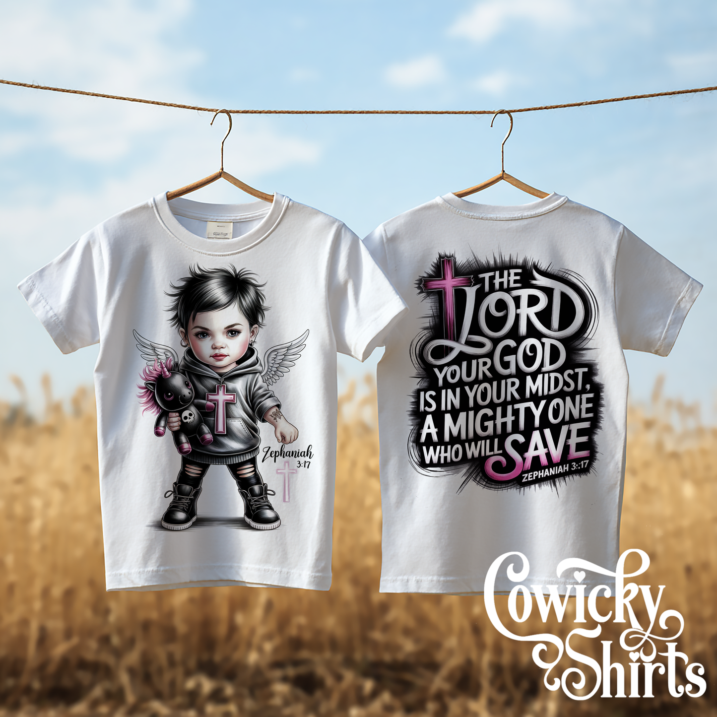 Zephaniah 3:17 Baby/Kids Shirt – Christian Punk Angel Tee | Misfit Faith Apparel, Front + Back Scripture Design, Hand-Pressed