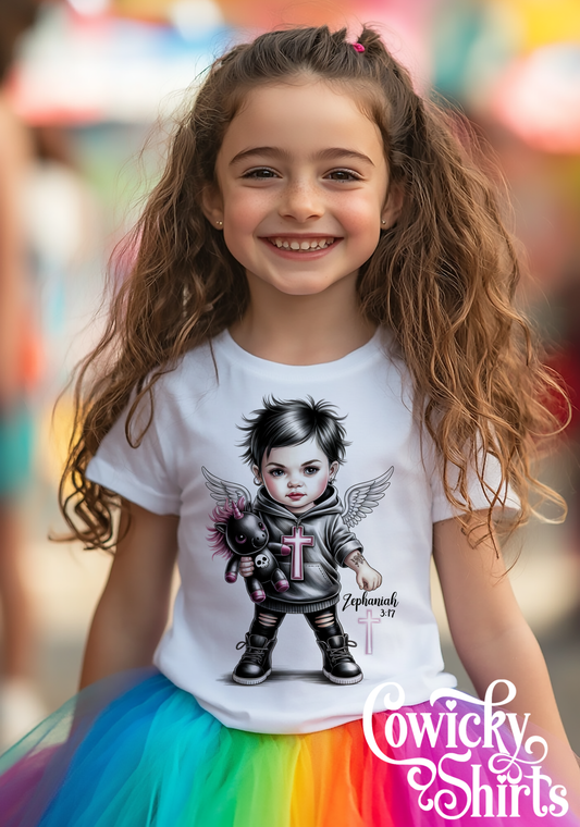 Zephaniah 3:17 Baby/Kids Shirt – Christian Punk Angel Tee | Misfit Faith Apparel, Front + Back Scripture Design, Hand-Pressed