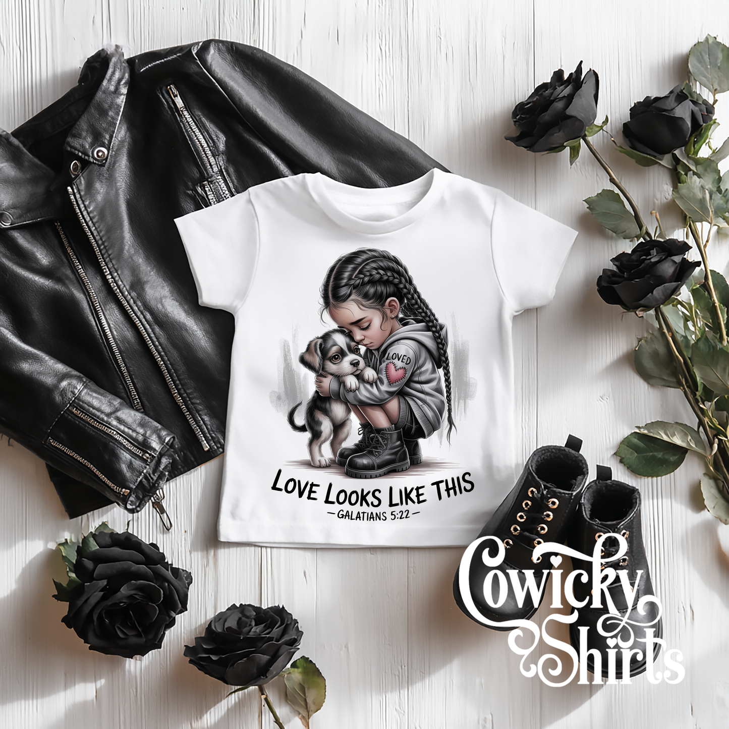 Love Looks Like This – Christian Baby Shirt | Fruits of the Spirit | Punk Misfits Collection by Cowicky Shirts
