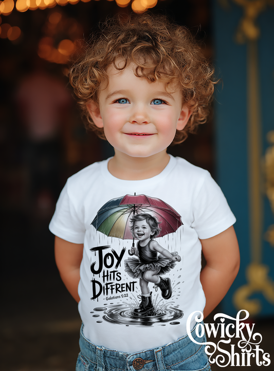 Joy Hits Different – Misfit Baby Christian Shirt (Galatians 5:22)| Fruits of the Spirit | Punk Misfits Collection