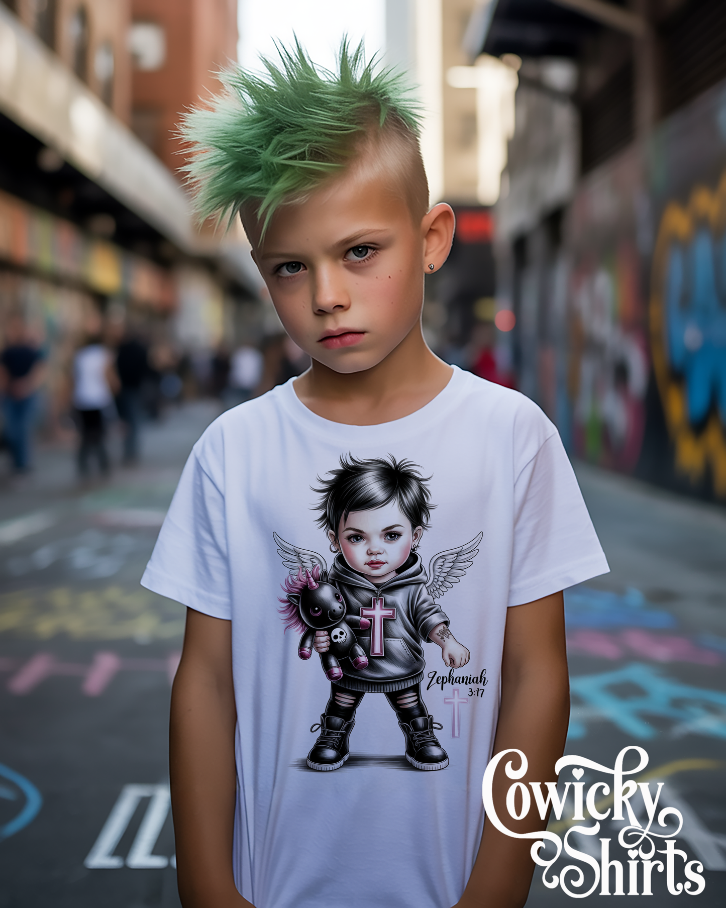 Zephaniah 3:17 Baby/Kids Shirt – Christian Punk Angel Tee | Misfit Faith Apparel, Front + Back Scripture Design, Hand-Pressed