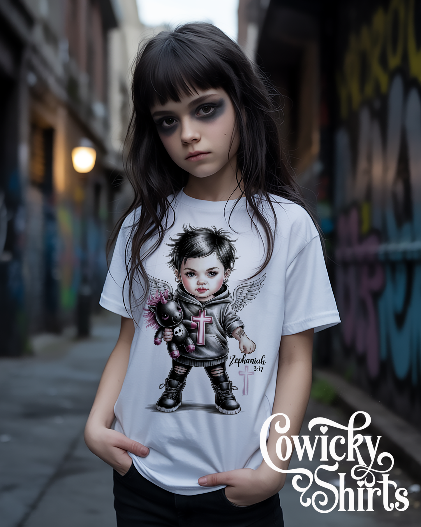 Zephaniah 3:17 Baby/Kids Shirt – Christian Punk Angel Tee | Misfit Faith Apparel, Front + Back Scripture Design, Hand-Pressed