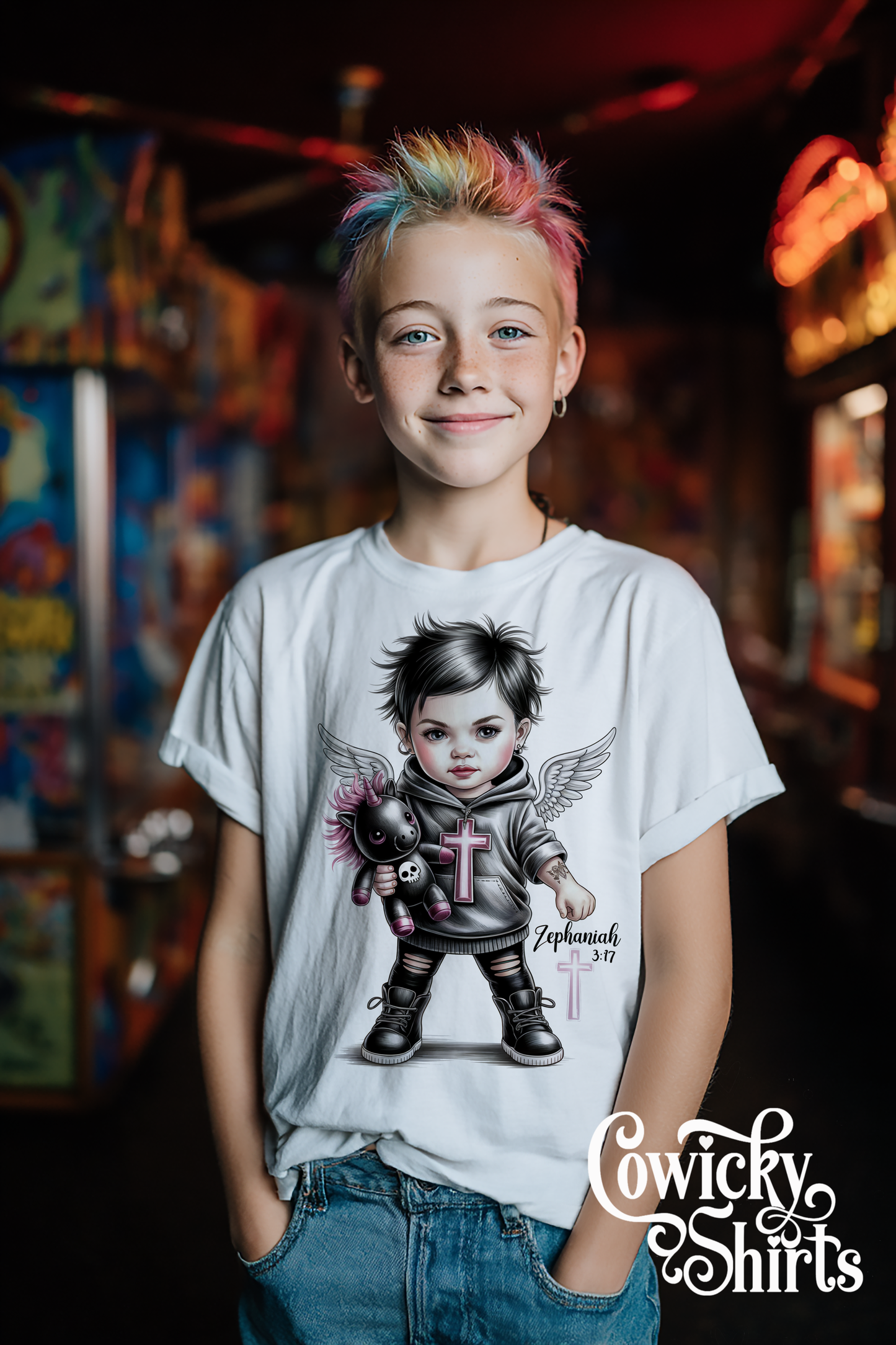 Zephaniah 3:17 Baby/Kids Shirt – Christian Punk Angel Tee | Misfit Faith Apparel, Front + Back Scripture Design, Hand-Pressed